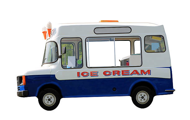 Ice cream van isolated Side view of ice cream van isolated on white background. ice cream truck stock pictures, royalty-free photos & images
