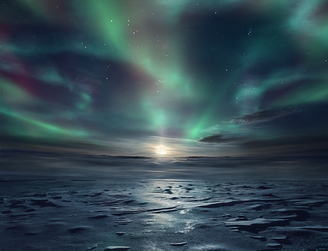 Night landscape of frozen desert and starry sky with northern lights