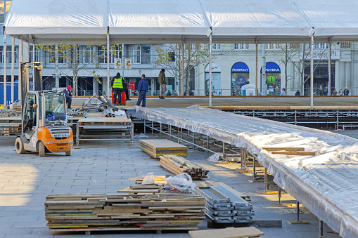 Belgrade, Serbia - December 22, 2021: Ice Skating Rink Construction Site at Republic Square in City Centre.