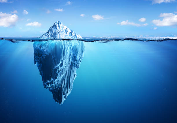 Iceberg Floating In Arctic Sea Iceberg - Hidden Danger And Global Warming Concept - 3d Illustration risk stock pictures, royalty-free photos & images