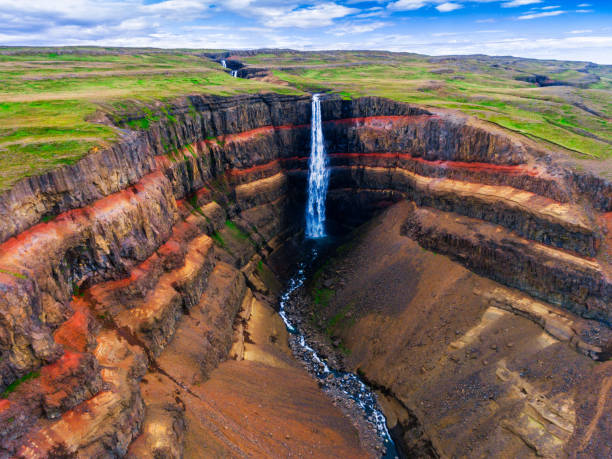 Iceland aerial view landscape by drone point of view. Aerial view Icelandic summer landscape of the Aldeyjarfoss waterfall in north Iceland. The waterfall is situated in the northern part of the Sprengisandur Road within the Highlands of Iceland. dettifoss waterfall stock pictures, royalty-free photos & images
