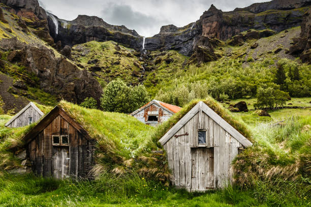 Icelandic turf houses and rocky canyon with waterfall in the background near Kalfafell vilage, South Iceland Icelandic turf houses and rocky canyon with waterfall in the background near Kalfafell village, South Iceland iceland stock pictures, royalty-free photos & images