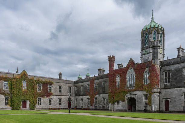 Iconic historic Quadrangle and clock tower at NUI Galway, Ireland. Galway, Ireland - August 5, 2017: Part of historic Quadrangle on National University of Ireland Campus. Entrance block covered in Ivy with clock tower under cloudy sky. Green lawn and gray buildings. galway stock pictures, royalty-free photos & images