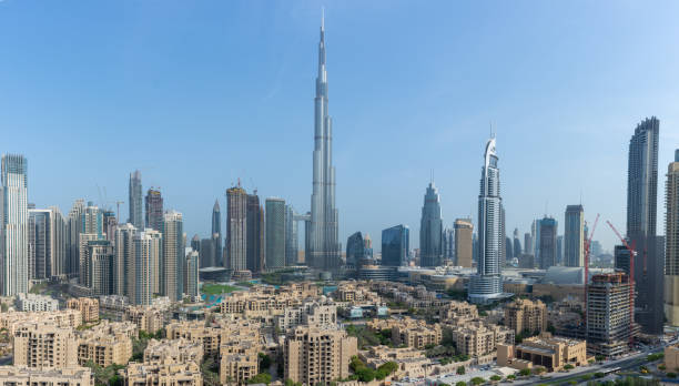 Iconic panorama Dubai Skyline during the day with Burj Khalifa, and other skyscrapers in the Middle East. " stock photo