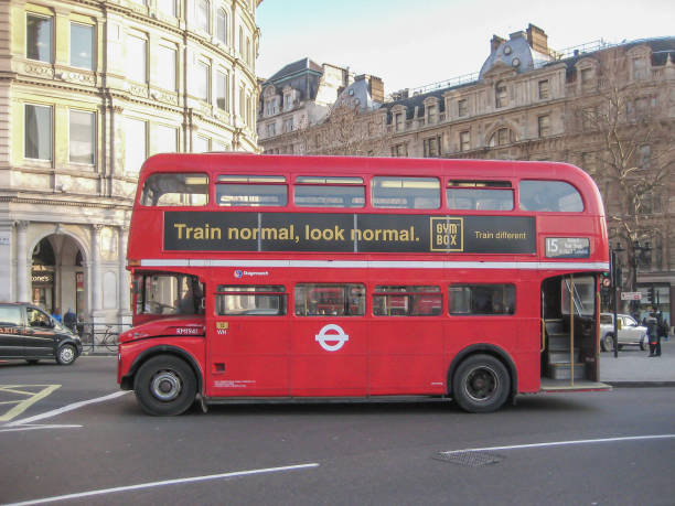 Iconic red british bus, London stock photo