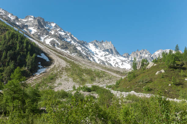 Idyllic alpine landscape hiking Fenetre d’Arpette in the Swiss Alps stock photo