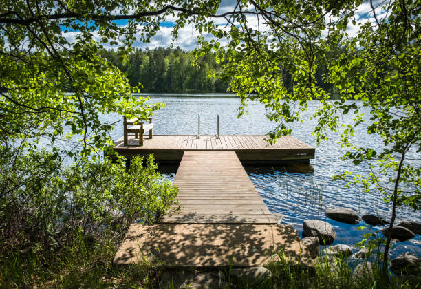 idilliaca vista sul lago con molo nella luminosa giornata estiva soleggiata. - finlandia laghi foto e immagini stock