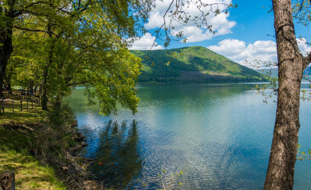 Idyllic landscape at Lake Vico (Lago di Vico). Province of Viterbo, Lazio, Italy. stock photo