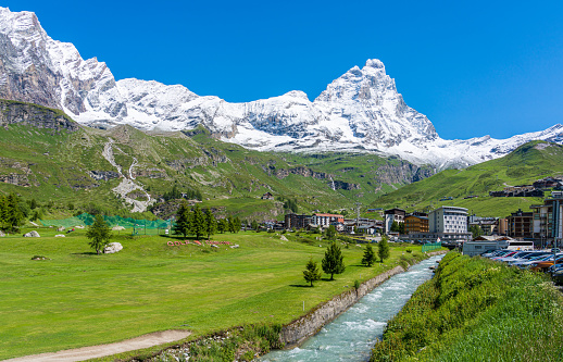 Idyllic morning view at Breuil Cervinia with the Matterhorn, Valtournenche, Aosta Valley, Italy.