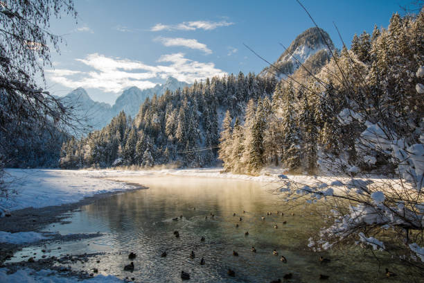 Idyllic winter scenery by river Pisnica in Julian Alps in sunlight and blue sky, Kranjska Gora, Slovenia stock photo