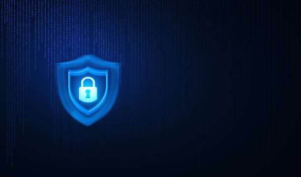 iIluminated Padlock icon on blue background. Digital data protect. Cyber data. Information Privacy. Copy space banner. stock photo