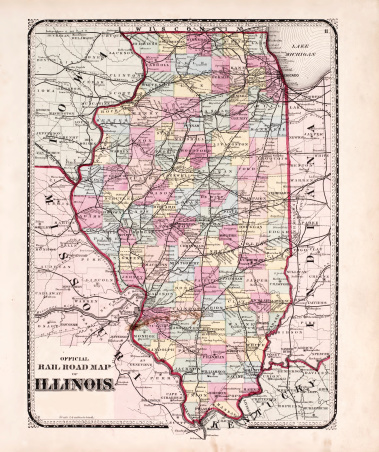 Illinois Railroad Map from 1870. Public domain map with minor digital enhancements. Vintage ephemera.