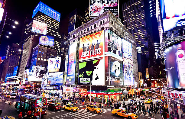 Illuminated Broadway theatres on Times Square "New York, USA - January 7, 2011: Illuminated facades of Broadway theaters in Times Square is a symbol of New York City and the United States" musical theater stock pictures, royalty-free photos & images