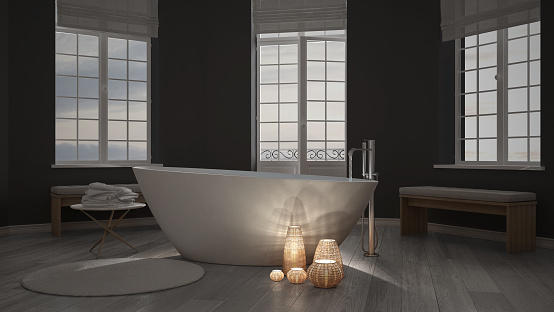 Illuminated Candles Inside A Minimalist Bathroom Spa Zen Interior Design Stockfoto Und Mehr Bilder Von Architektur