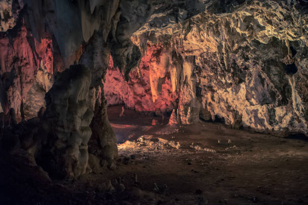 verlichte grot op de wondercave in de leeuw en rhino park, - stalactiet stockfoto's en -beelden
