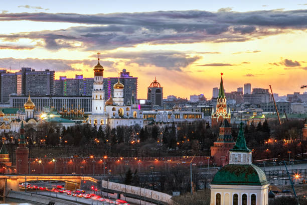 Illuminated landmarks of Moscow historic district in evening dawn stock photo