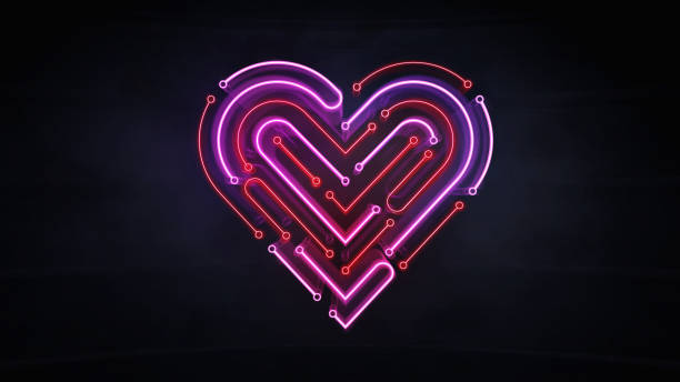 verlichte neon hart vorm als geïntegreerde schakeling achtergrond - netwerk hart stockfoto's en -beelden