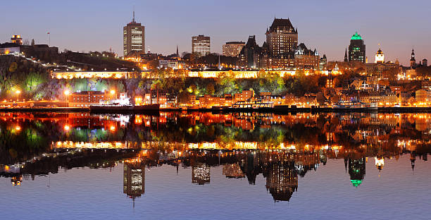 Illuminated Quebec City at Night Quebec City with reflection at night (XXXL Size)  buzbuzzer quebec city stock pictures, royalty-free photos & images
