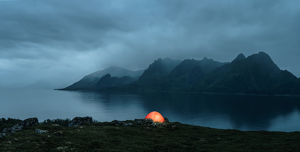 Illuminated tent at the lofoten islands