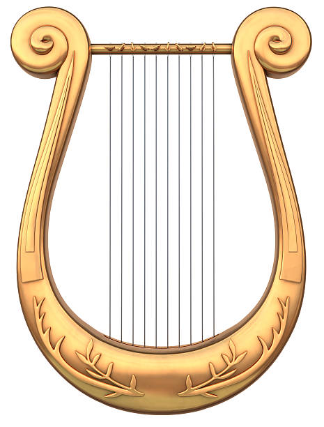 Illustrated engraved golden lyre on white background stock photo