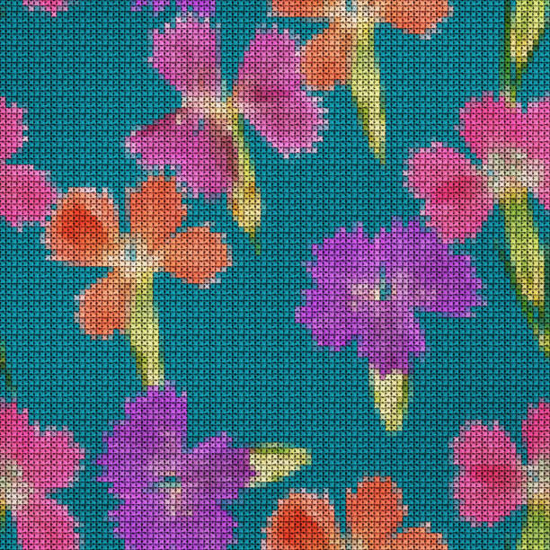 Illustration. Cross-stitch. Carnation, clove flowers. Texture of flowers. Seamless pattern for continuous replicate. Floral background, collage stock photo