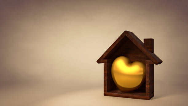 3D Illustration Gold Heart in Wood Home Isolated in an Studio Scene Background. Home is Where Your Heart is Concept. With Clipping Path. stock photo
