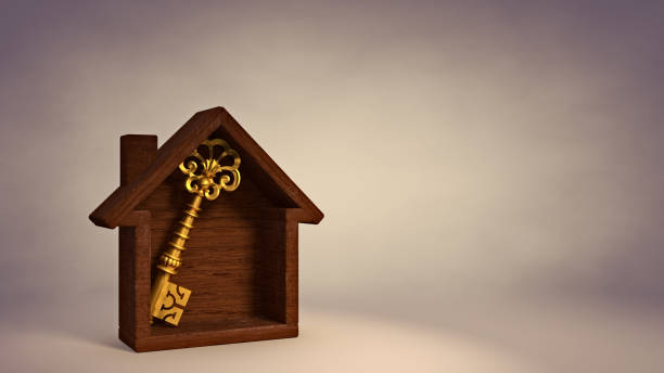 3D Illustration Gold Key in Wood Home Isolated in an Studio Scene Background. Home is Where Your Heart is Concept. With Clipping Path. stock photo