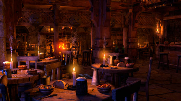 3D illustration medieval tavern 3D rendering of a medieval tavern interior medieval stock pictures, royalty-free photos & images
