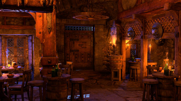 3D illustration medieval tavern stock photo