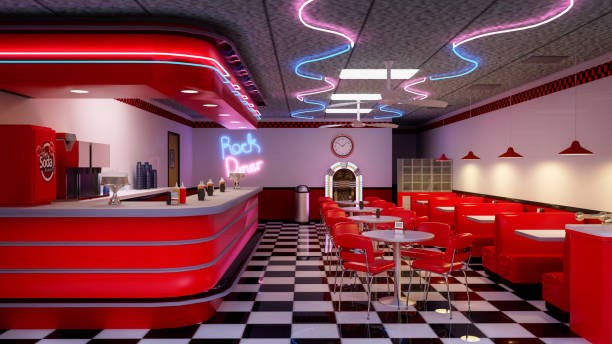 3D illustration of a 1950s vintage American diner interior. stock photo