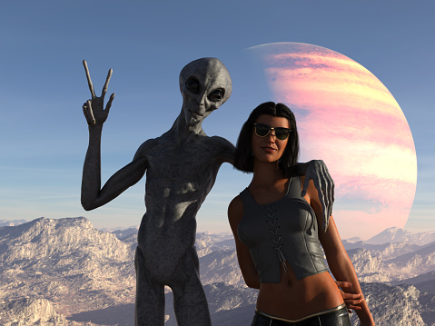 3d illustration of a grey alien having an arm over the shoulders of a human woman while giving a peace sign on an extraterrestrial world.