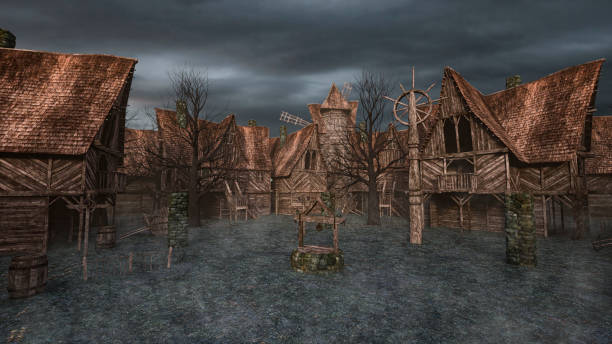 3D illustration of a medieval fantasy village or town with wooden buildings, a well and a windmill. stock photo