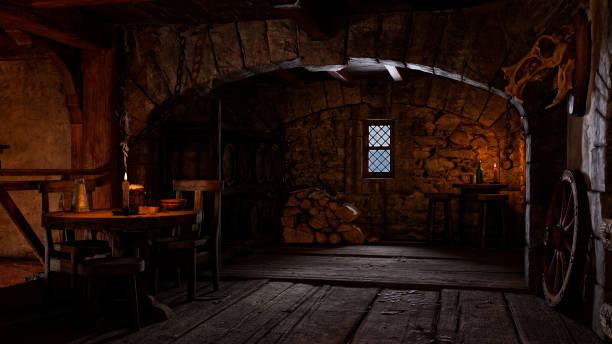 3D illustration of a medieval inn or tavern interior with a small dining table, wine or beer barrels stacked against the wall and daylight coming through a small window. stock photo