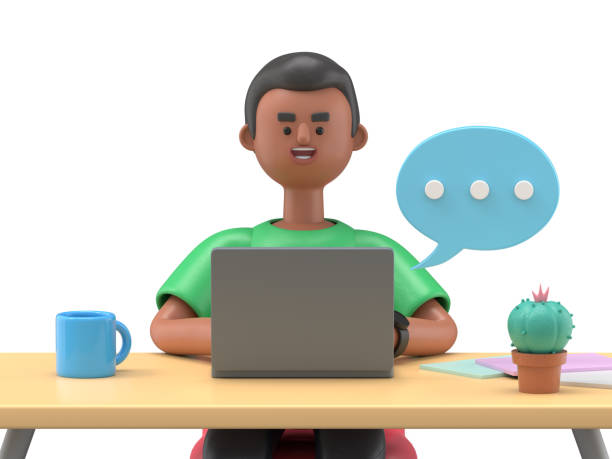 3D illustration of a smiling african american man David laptop and working at the desk in office with coffee cup, cactus. Portraits of cartoon characters or freelancer chatting on the computer with speech bubble.Workplace concept. 3D rendering stock photo