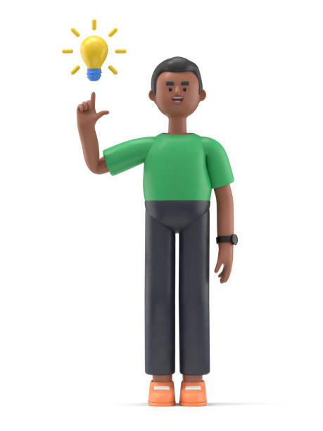 3D illustration of a smiling african american man David pointing finger at light bulb generating new ideas.Portraits of cartoon characters  investor with light bulb.Generating new ideas concept.3D rendering on white background. stock photo