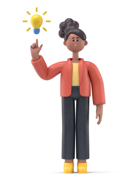 3D illustration of a smiling african american woman Coco pointing finger at light bulb generating new ideas.Portraits of cartoon characters  investor with light bulb.Generating new ideas concept.3D rendering on white background. stock photo