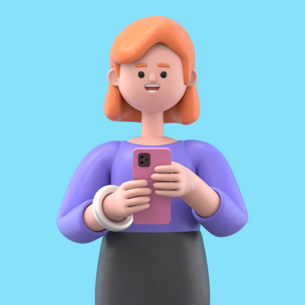 3D illustration of a smiling businesswoman Ellen looking at smartphone and chatting. Portraits of cartoon characters talking and typing on the phone.  3D rendering on blue background. stock photo