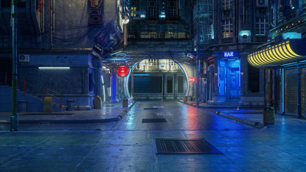 3D illustration of a wide wet evening scene in a downtown street of a futuristic cyberpunk city. stock photo