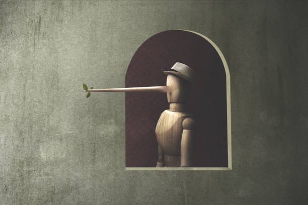 illustrazione di una marionetta di legno con naso lungo; concetto bugiardo - pinocchio foto e immagini stock
