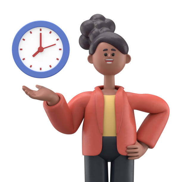 3D illustration of african american woman Coco standing, smiling, pointing to timer. Time set, timing, self organization, day planning, time management concept. 3D rendering on white background. stock photo