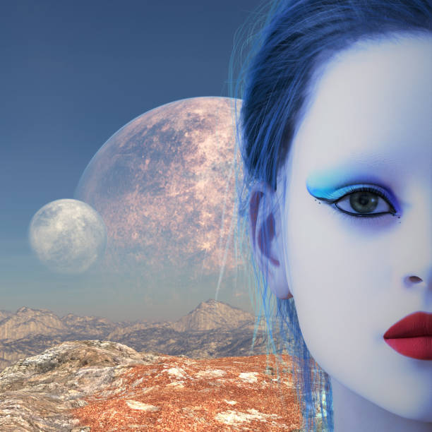 Illustration of an exotic woman with an alien planet in the background. 3d illustration of an exotic woman with a blue tint to her skin in front of a distant alien planet and moon in a science fiction setting. cool blue world stock pictures, royalty-free photos & images