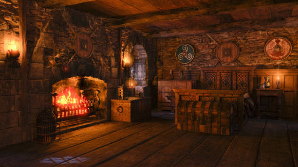 3D illustration of an old medieval bedroom with open fireplace and burning fire. stock photo