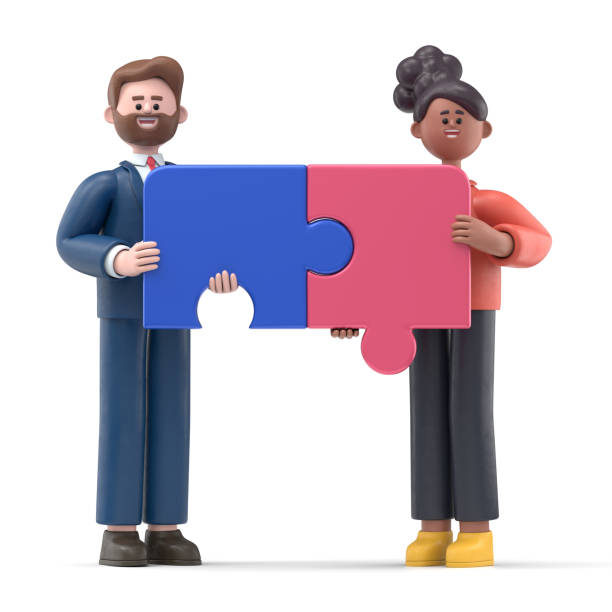 3D illustration of cartoon characters connecting puzzle elements. business and teamwork concept. 3D rendering on white background. stock photo