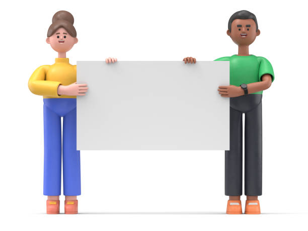 3D illustration of cartoon characters holding an empty white placard for insert a conceptconceptual image.3D rendering on white background. stock photo