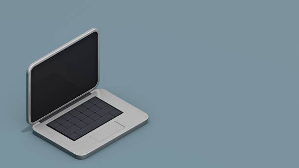 3D Illustration of Cute Laptop Computer Mockup Isolated on Isometric Horizontal Pastel Blue Background with Clipping Mask stock photo