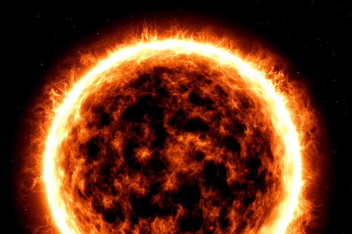Illustration of a fiery ball of a burning star, solar disk.