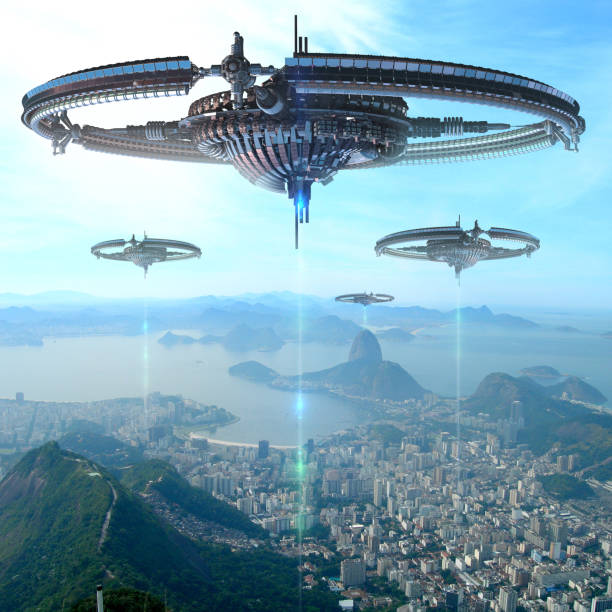 3D Illustration of futuristic energy source in Rio De Janeiro 3D Illustration of alien spaceships or drone fleet supplying energy, over Rio De Janeiro, Brazil, for futuristic interstellar travel, energy supply, or fantasy war-games military invasion stock pictures, royalty-free photos & images