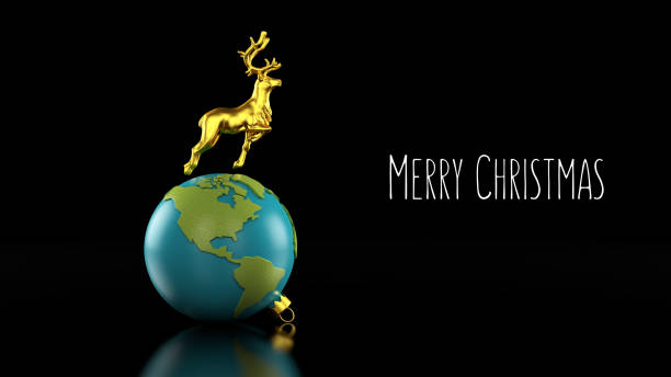 3D Illustration of Golden Reindeer Leaping over Earth Christmas Ornament showing the Americas on Glossy Black Background with Merry Christmas Message stock photo
