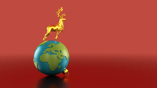 3D Illustration of Golden Reindeer Leaping over Earth Christmas Ornament showing the Americas on Glossy Red Background with Merry Christmas Message stock photo