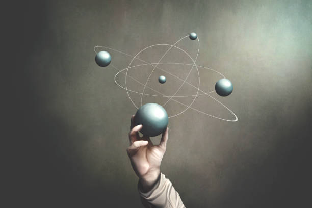 illustration of hand holding sphere that represents planets activities, science surreal concept stock photo